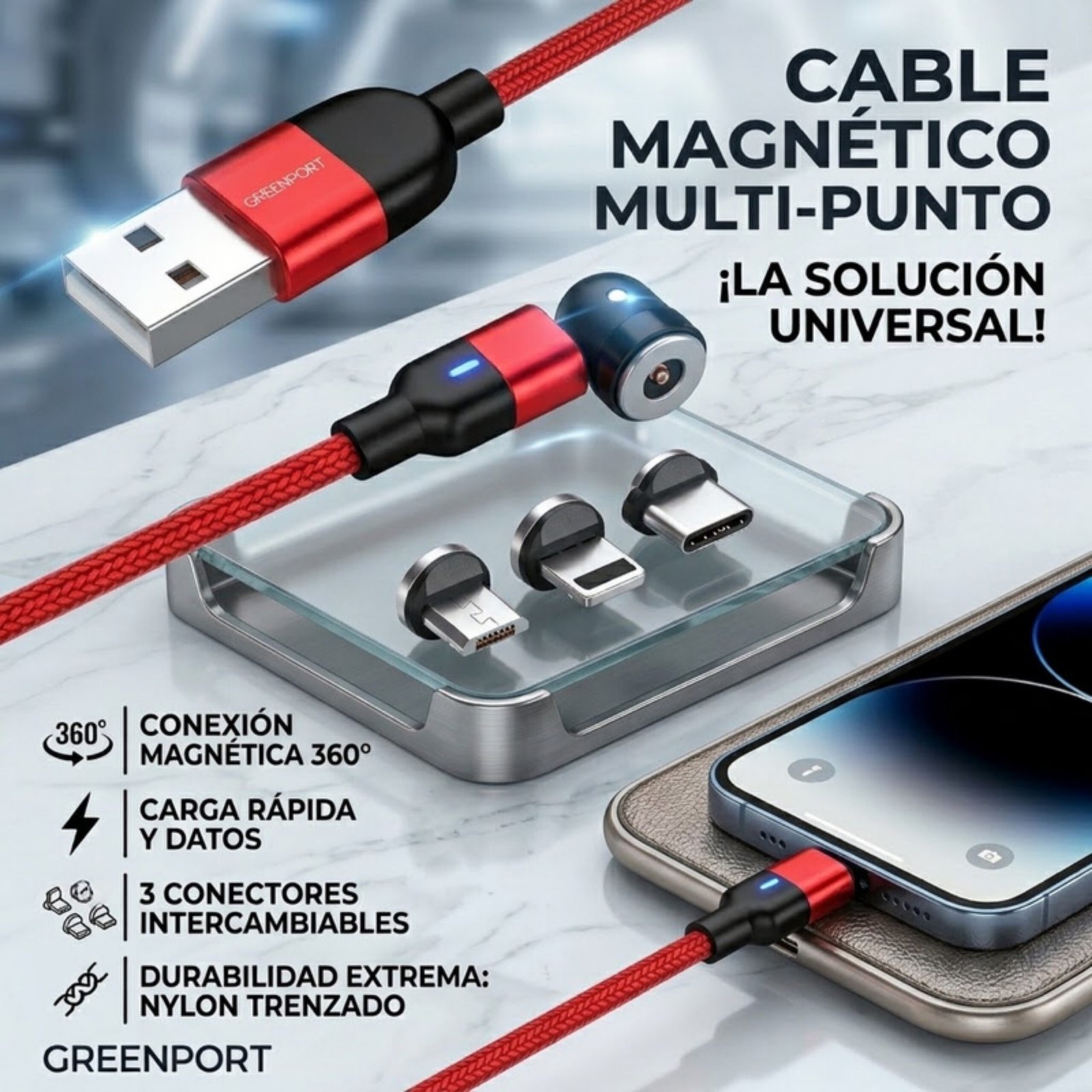 Pack: 3x Cable Carga Magnético 2a 540 Micro Usb + Tipo-c + Ios /2 Mts - Rojo. - Image 2