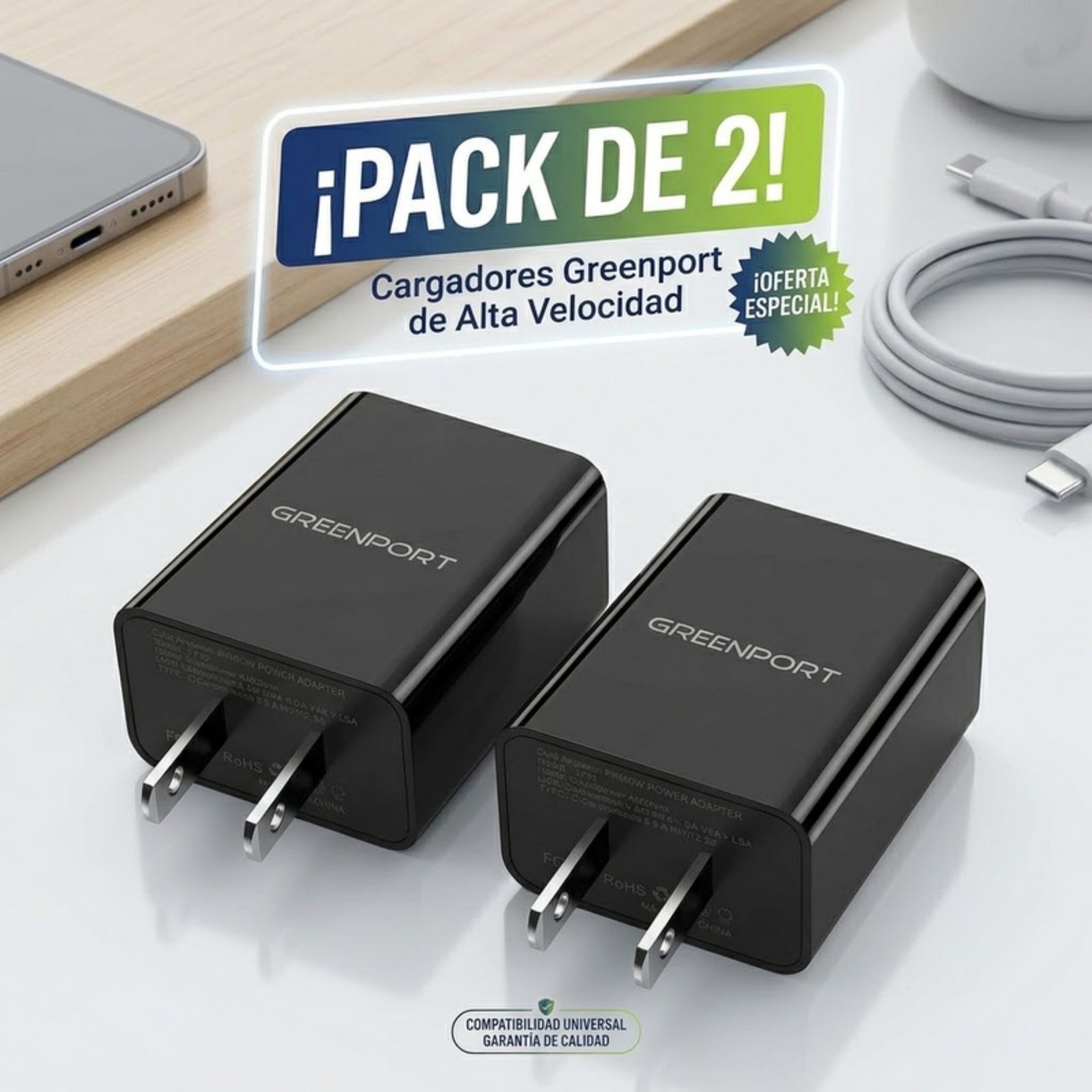 Pack: 2x Cargador Usb, Adaptador Carga Rápida Pd, 20w, Tipo C Qc 3.0 - Negro.