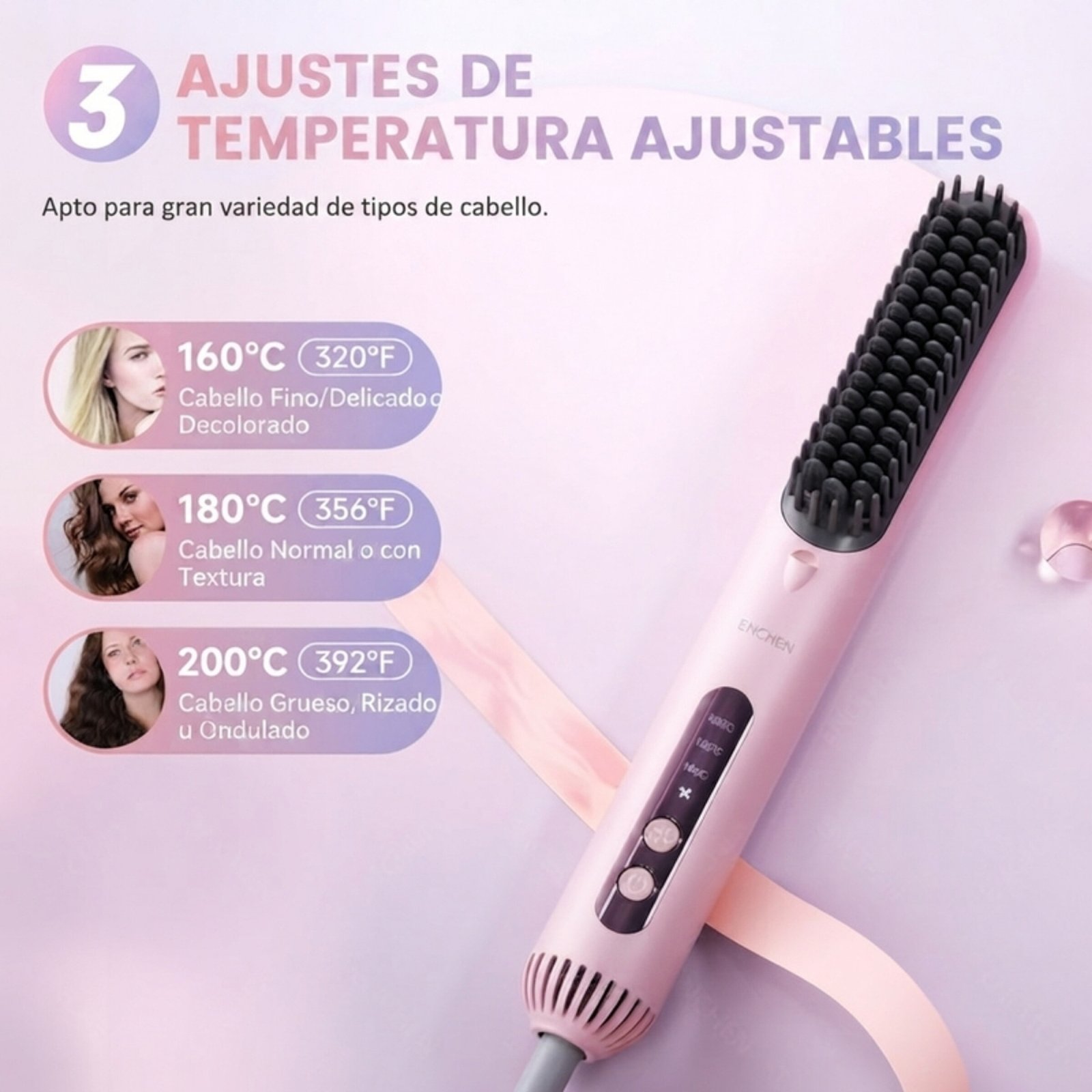 Peine alisadora de cabello alambrica Enchen H2 - Rosado - Image 6