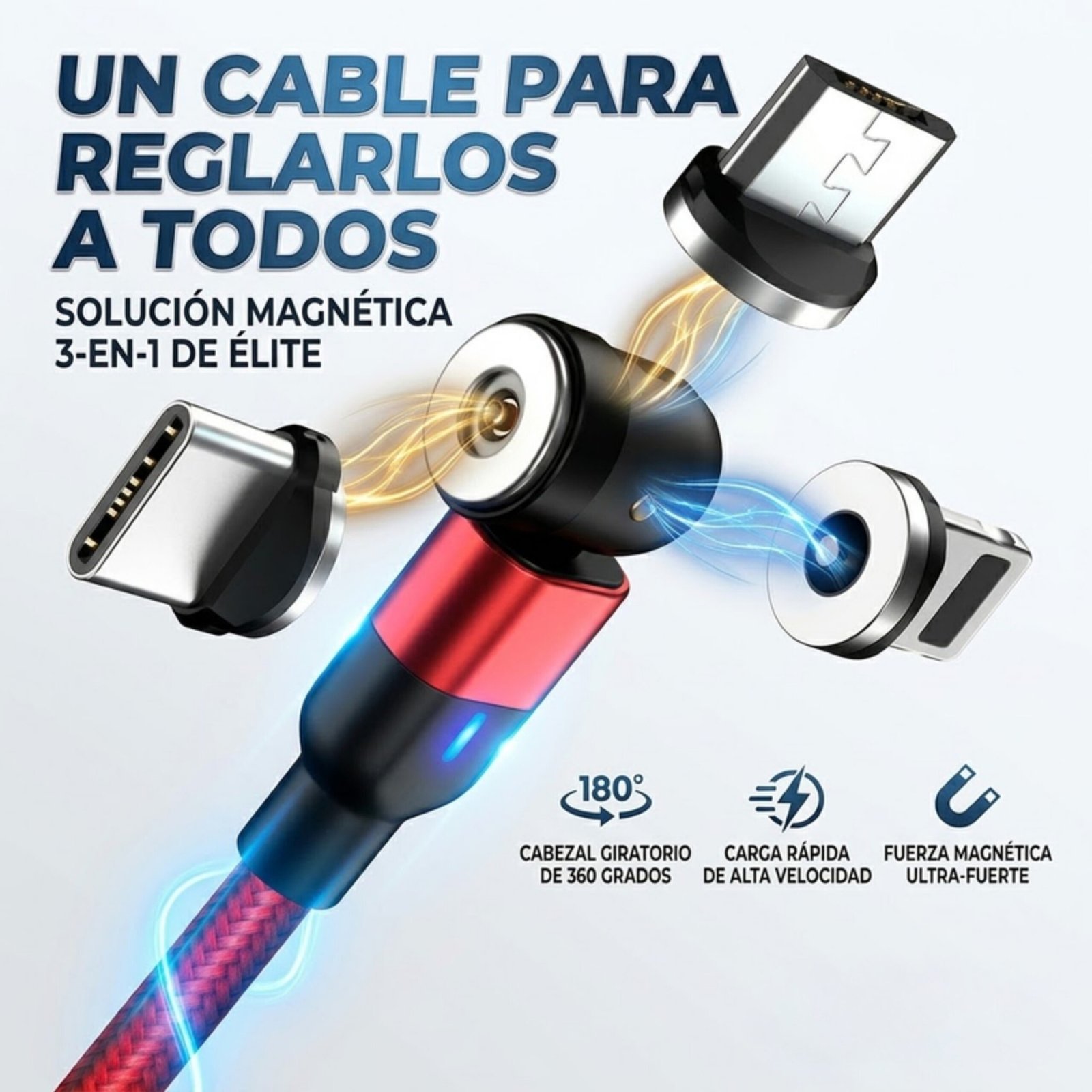 Pack: 3x Cable Carga Magnético 2a 540 Micro Usb + Tipo-c + Ios /2 Mts - Rojo. - Image 3