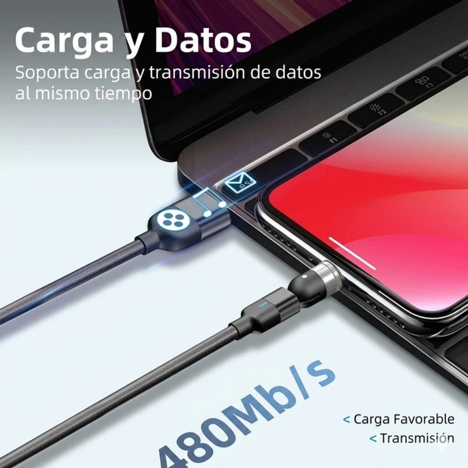 Cable Carga Magnético 3a 540 Micro Usb + Tipo-c + Ios /2 Mts - Negro - Image 8