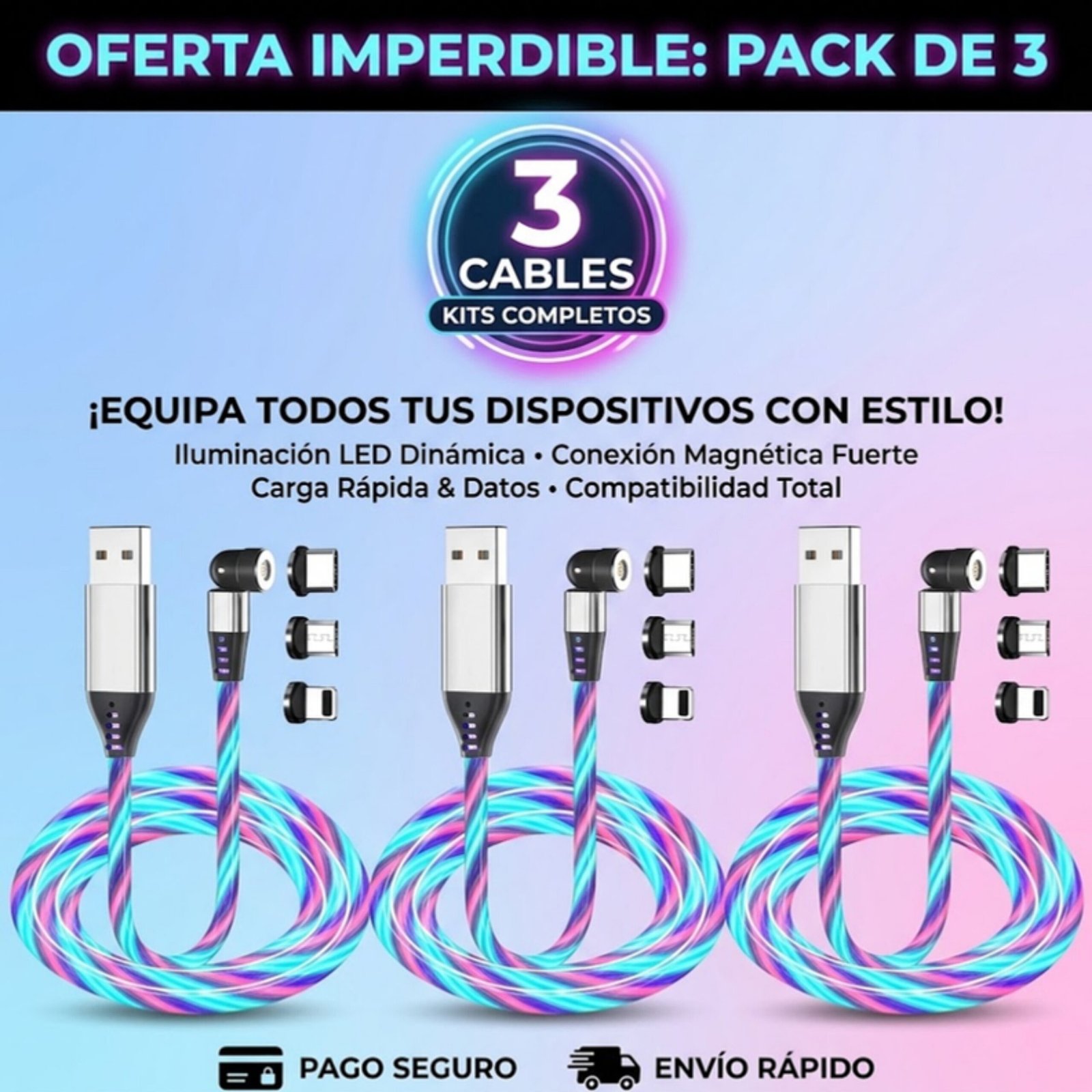 Pack: 3x Cable Cargador Led Magnético 3a /540° Microusb Tipoc Ios - Azul / 1 Metro.