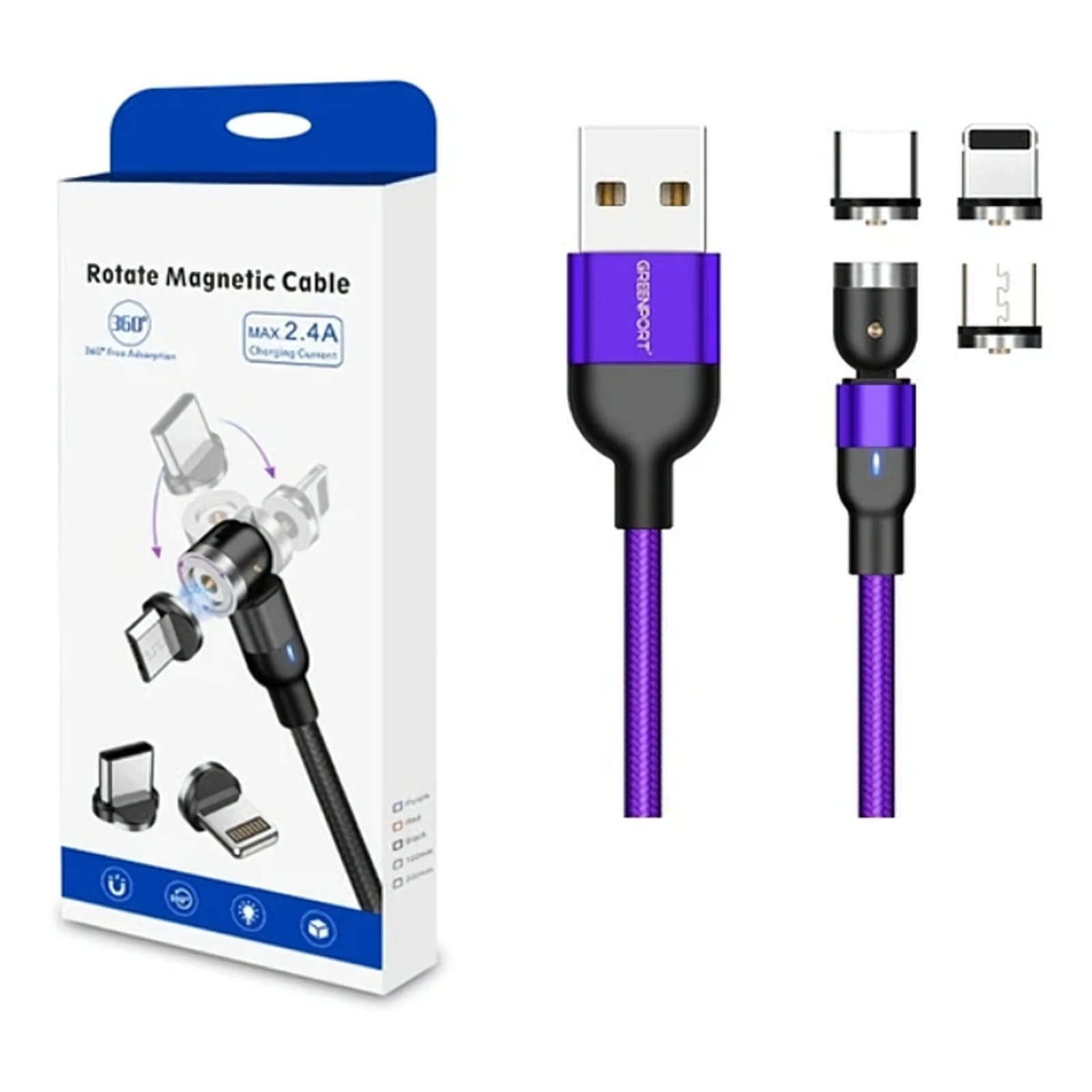Cable Carga Magnético 2a 360 + 180 Micro Usb + Tipo-c + Ios - Púrpura - Image 2