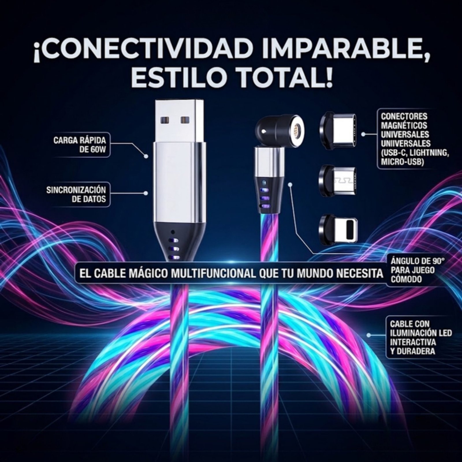 Pack: 3x Cable Cargador Led Magnético 3a /540° Microusb Tipoc Ios - Azul / 1 Metro. - Image 3
