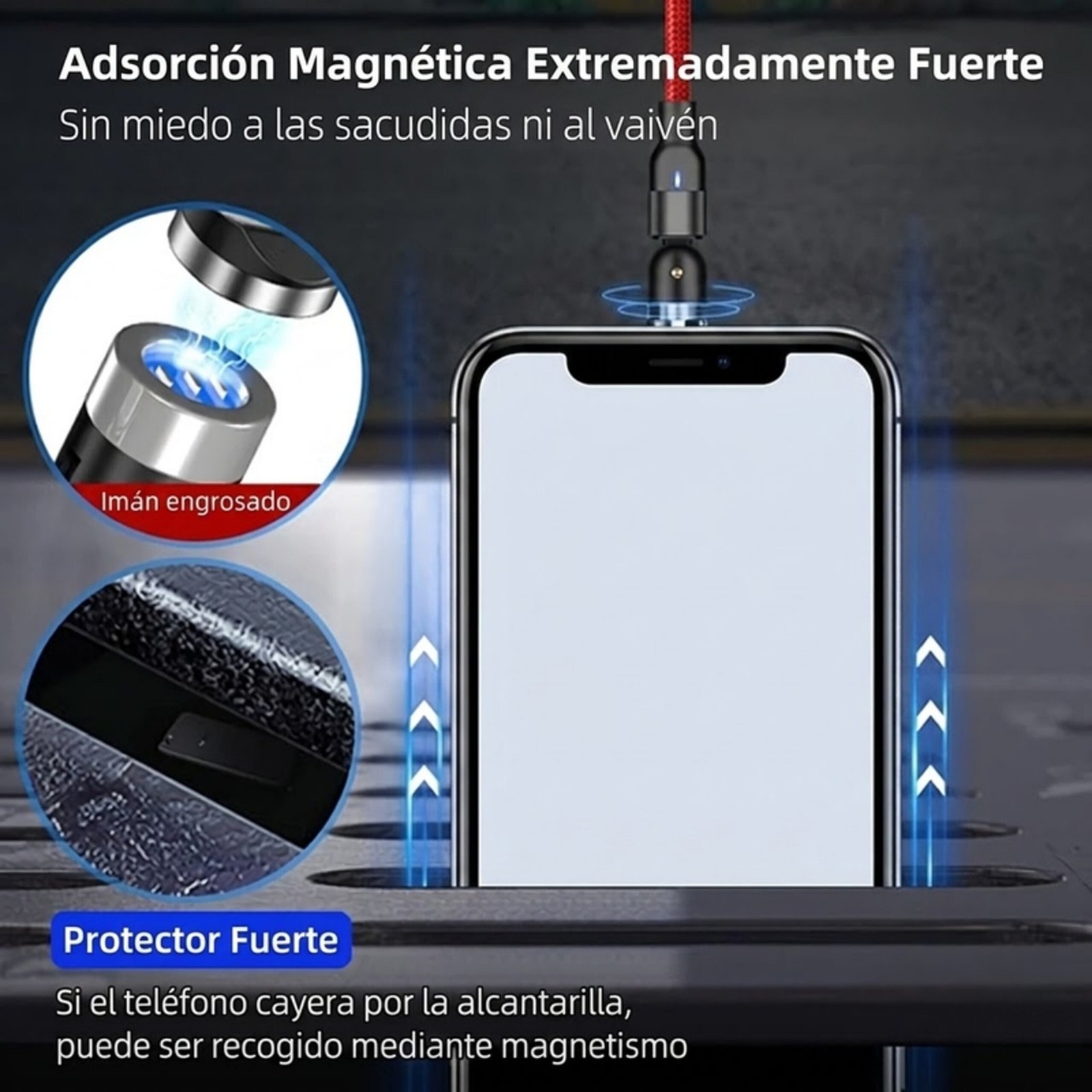Cable Carga Magnético 3a 540 Micro Usb + Tipo-c + Ios /2 Mts - Negro - Image 6