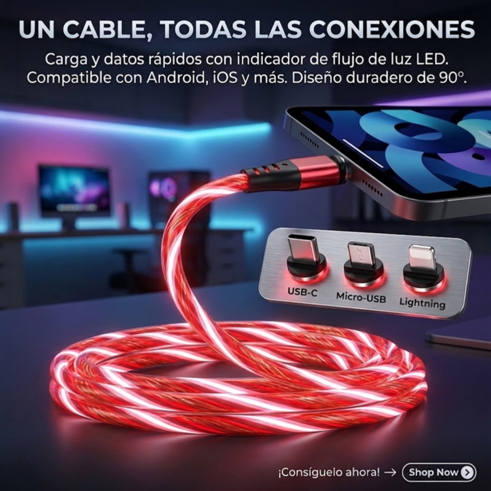 Pack: 3x Cable Cargador Led Magnético 3a /540° Microusb Tipoc Ios - Rojo / 1 Metro. - Image 3