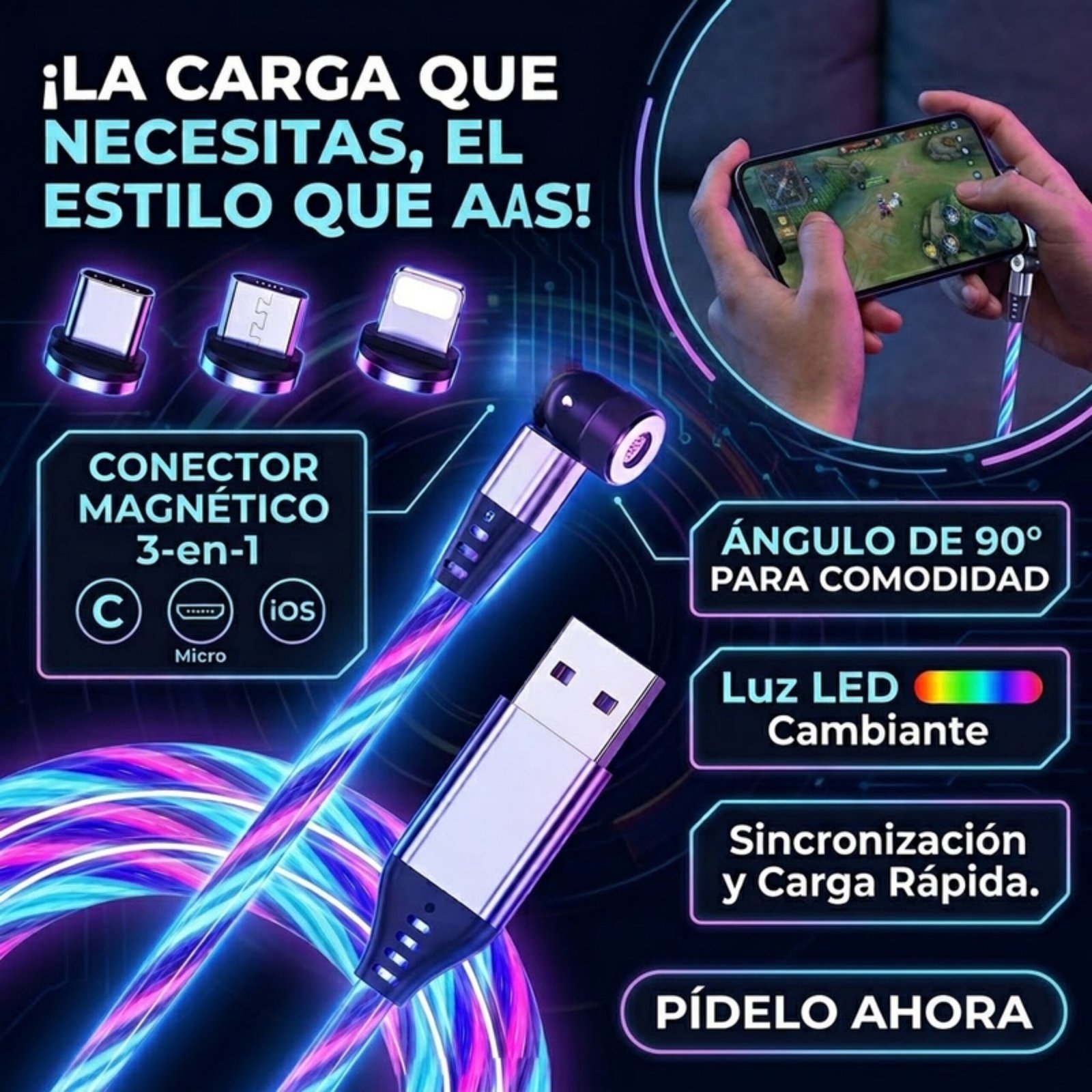 Pack: 3x Cable Cargador Led Magnético 3a /540° Microusb Tipoc Ios - Azul / 2 Metros. - Image 2
