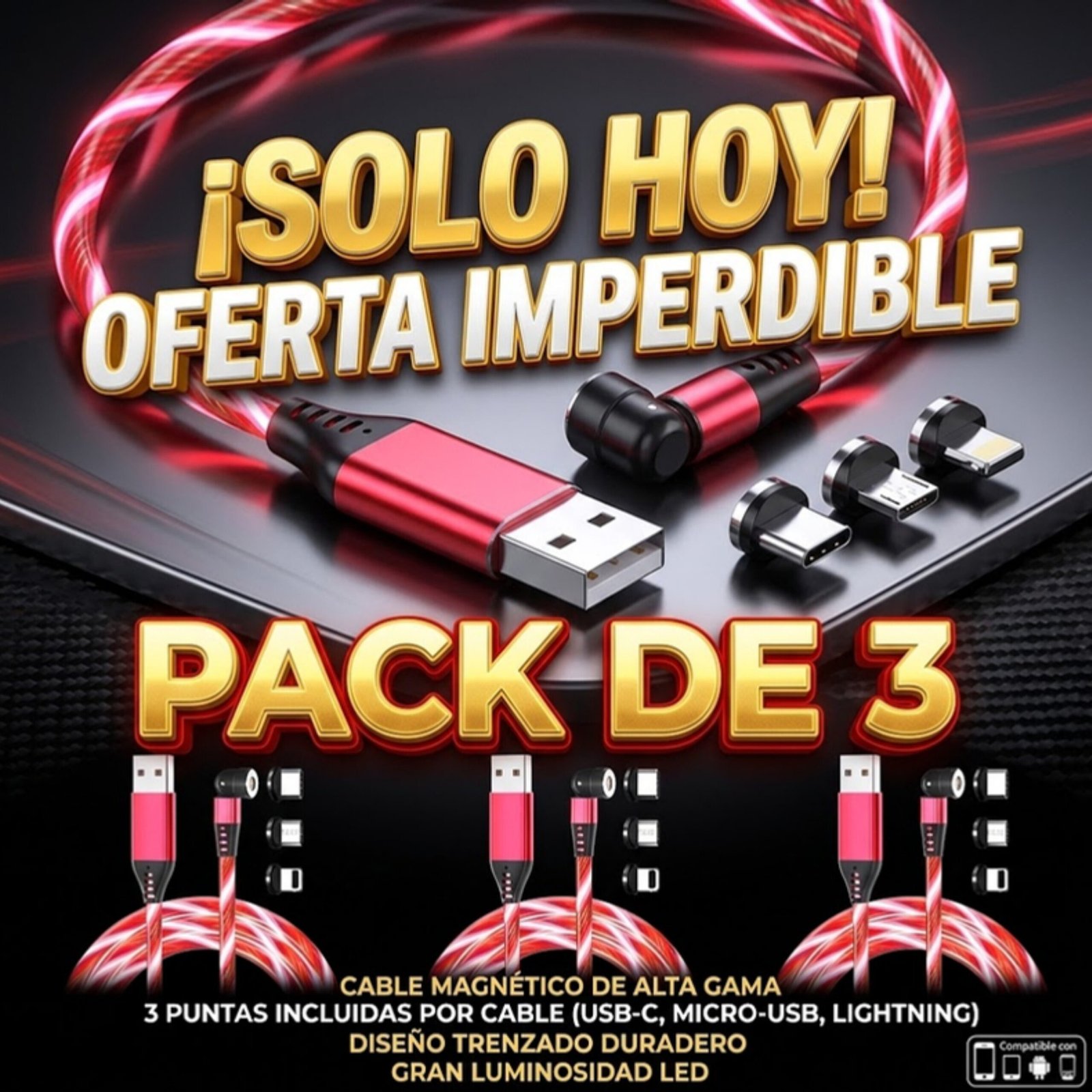 Pack: 3x Cable Cargador Led Magnético 3a /540° Microusb Tipoc Ios - Rojo / 1 Metro.